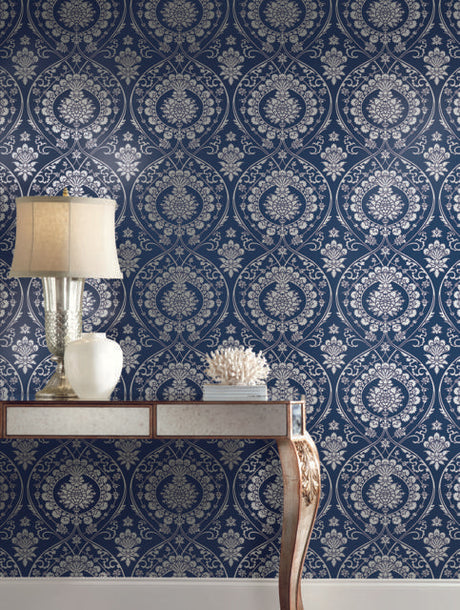 York Imperial Damask Navy/Silver Wallpaper