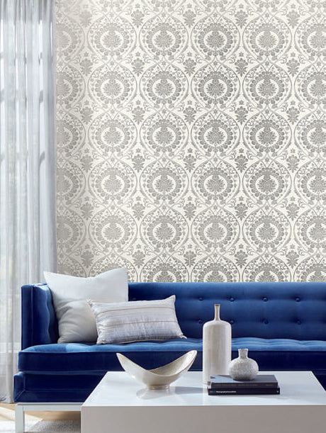 York Jaipur Paisley DamasMural White/Silver Wallpaper
