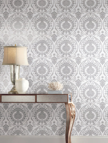 York Jaipur Paisley DamasMural White/Silver Wallpaper