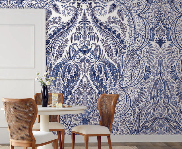 York Jaipur Paisley DamasMural Blue/White Wallpaper