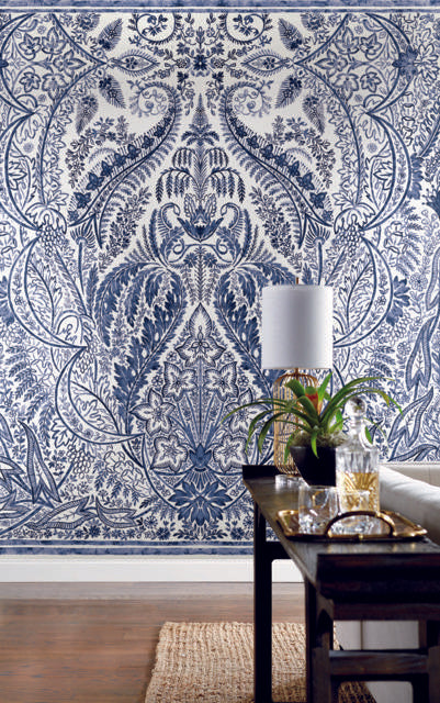 York Jaipur Paisley DamasMural Blue/White Wallpaper