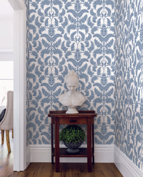 York Royal Fern Damask Blue Wallpaper