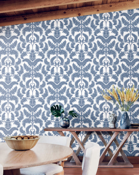 York Royal Fern Damask Blue Wallpaper