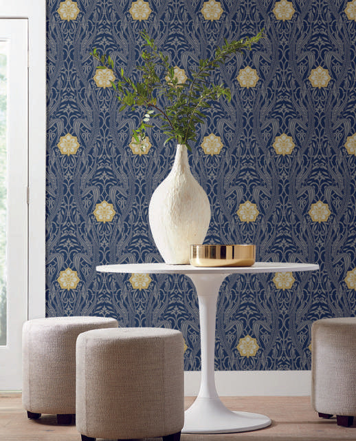 York Gatsby Damask Navy Wallpaper