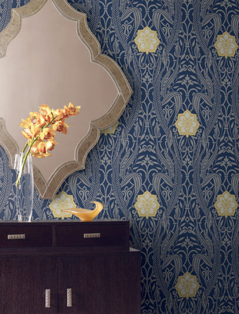 York Gatsby Damask Navy Wallpaper