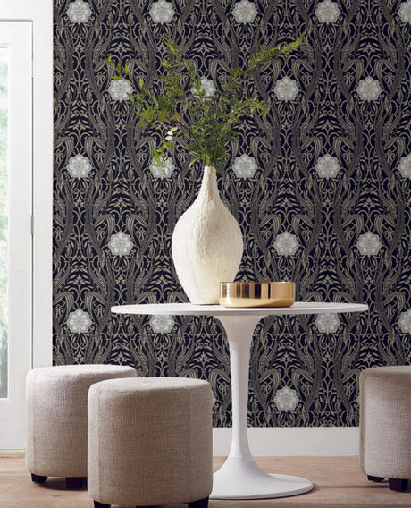 York Egret Damask Black Wallpaper