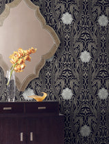 York Egret Damask Black Wallpaper