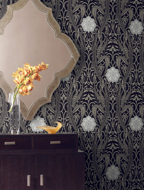 York Egret Damask Black Wallpaper