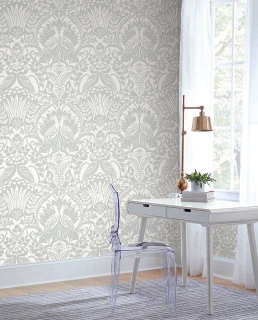 York Egret Damask Green Wallpaper