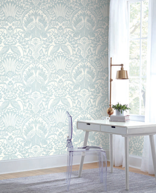 York Palmetto Palm Damask Blue Wallpaper