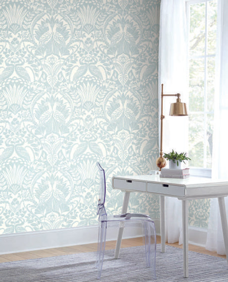 York Palmetto Palm Damask Blue Wallpaper