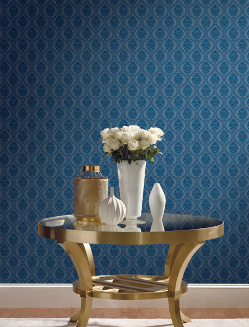 York Catherdral Damask Navy Wallpaper