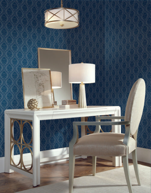 York Catherdral Damask Navy Wallpaper