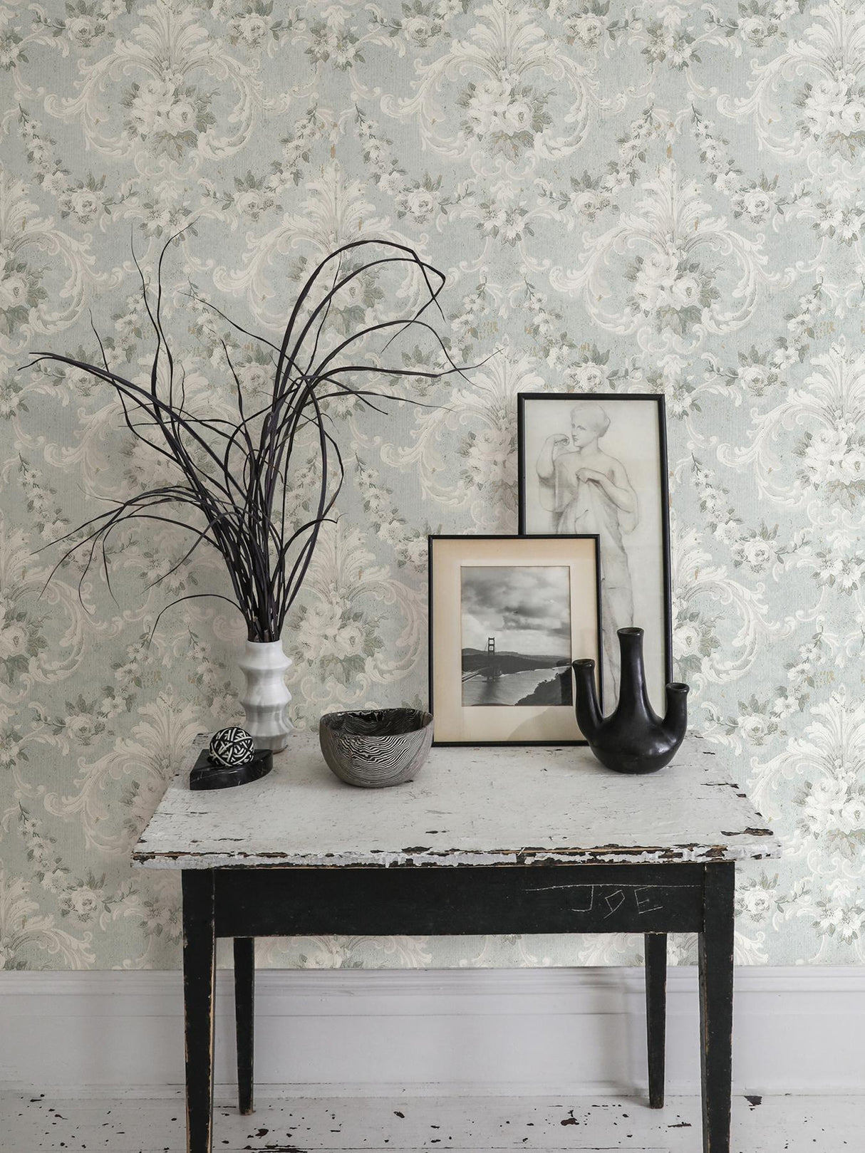 A-Street Prints This Old Hudson Vintage Blue Rose Damask Wallpaper