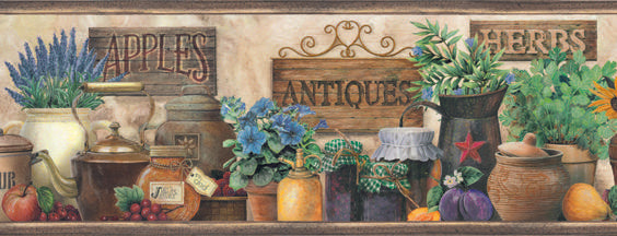 Brewster Home Fashions Marché Green Antique Herbs Portrait Border Brown Wallpaper