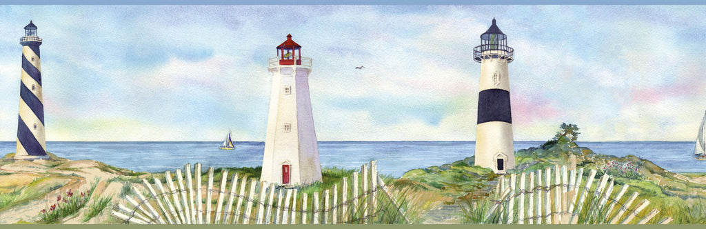 Brewster Home Fashions Eugene Light Coastal Lighthouse Portrait Border Blue Wallpaper