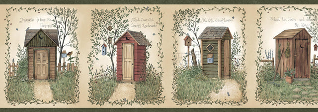 Brewster Home Fashions Fennel Wheat Outhouse Portrait Blocks Border Green Wallpaper
