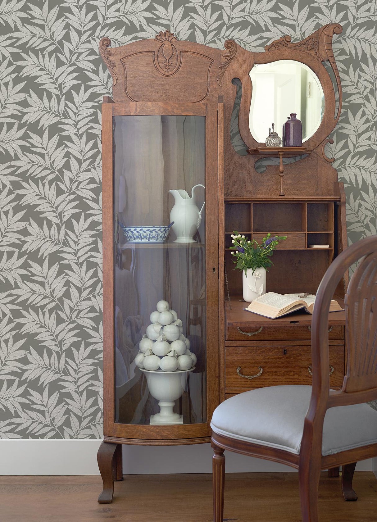 A-Street Prints Morris Dark Grey Leaf Wallpaper