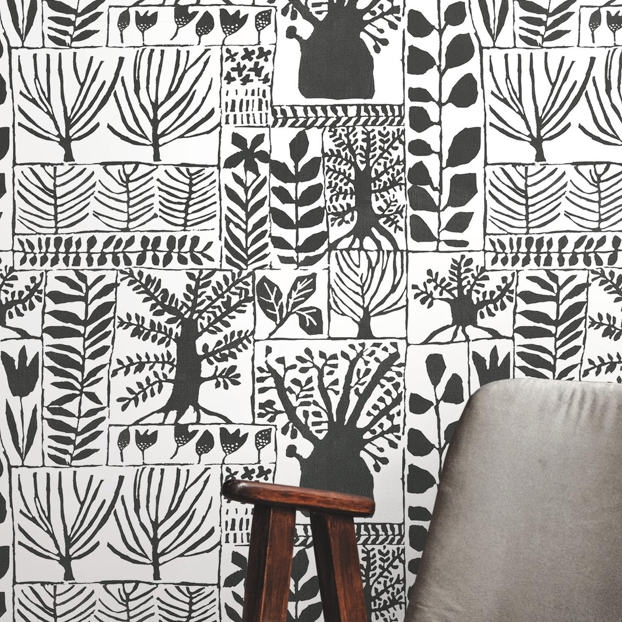 York Primitive Trees Black & White Wallpaper