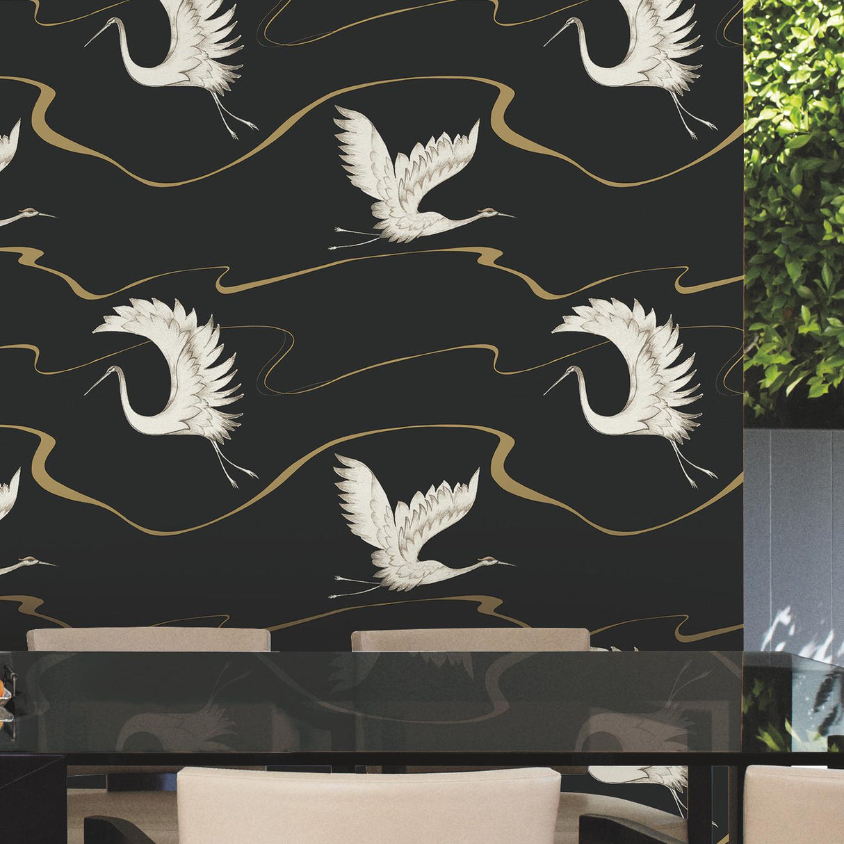 York Wallcoverings Soaring Cranes Black & Gold Wallpaper