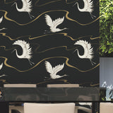 York Wallcoverings Soaring Cranes Black & Gold Wallpaper
