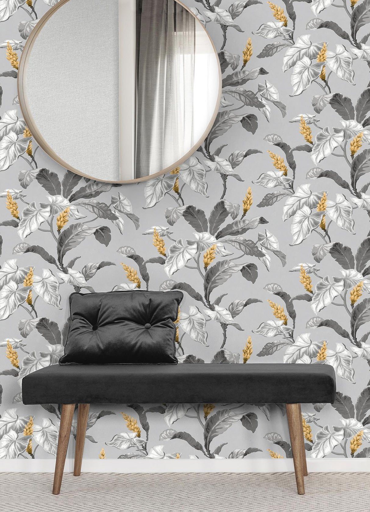 Brewster Home Fashions Brewster Archive Collection Leaves Mustard/Grey Wallpaper