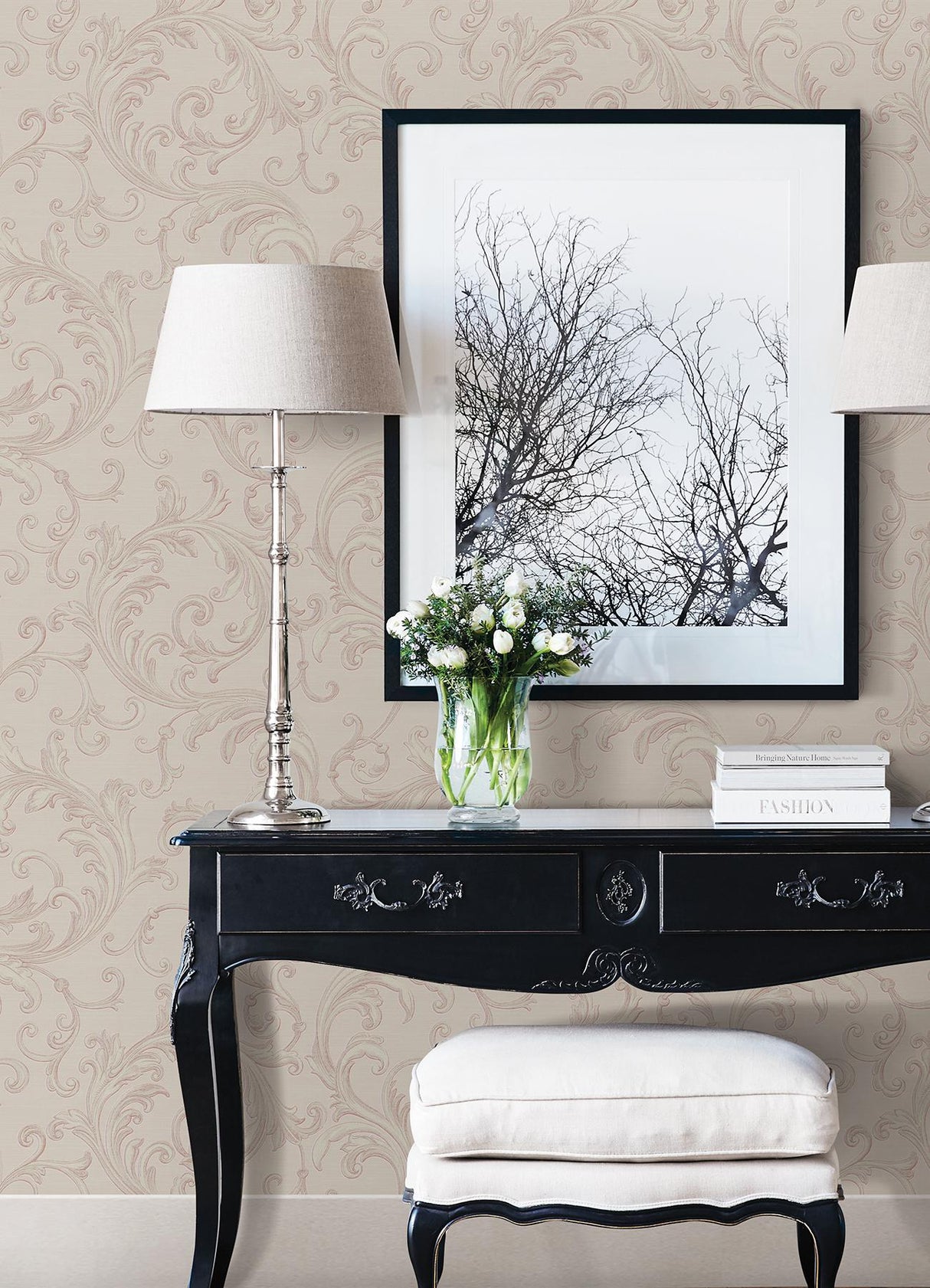 Brewster Home Fashions Sirpi Italian Silk Scrolls Rose Wallpaper