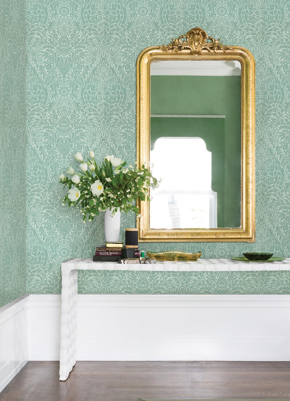 A-Street Prints Maris Mint Flock Damask Wallpaper
