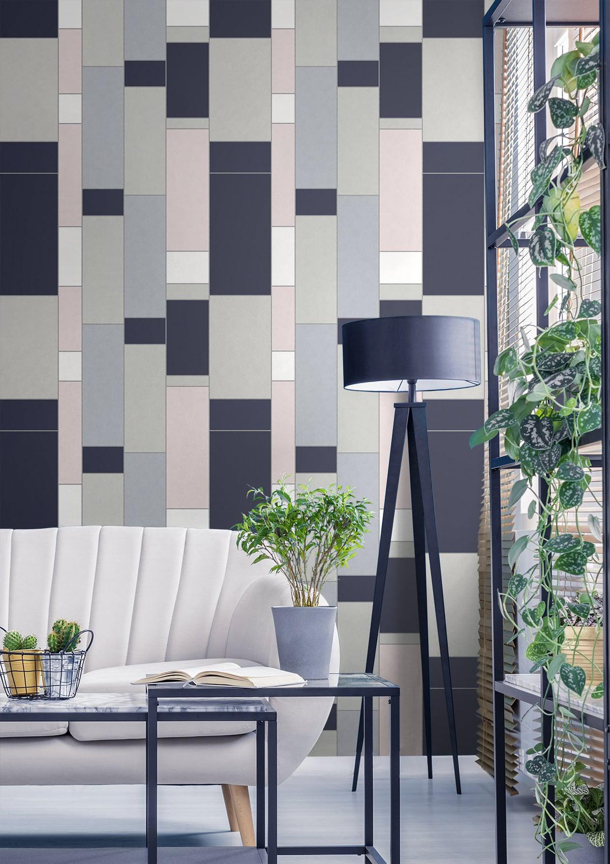 Seabrook De Stijl Geometric Indigo & Metallic Silver Wallpaper