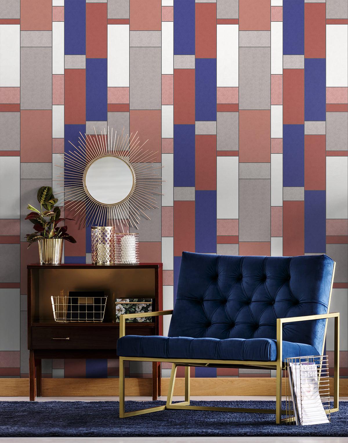 Seabrook De Stijl Geometric Cobalt & Red Brick Wallpaper