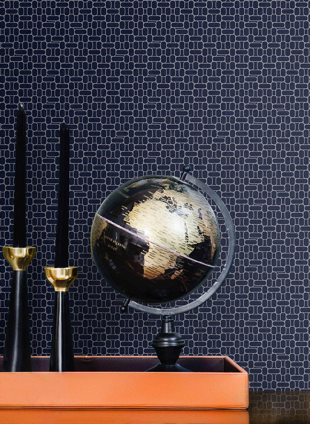 Seabrook Capsule Geometric Denim Blue & Metallic Silver Wallpaper