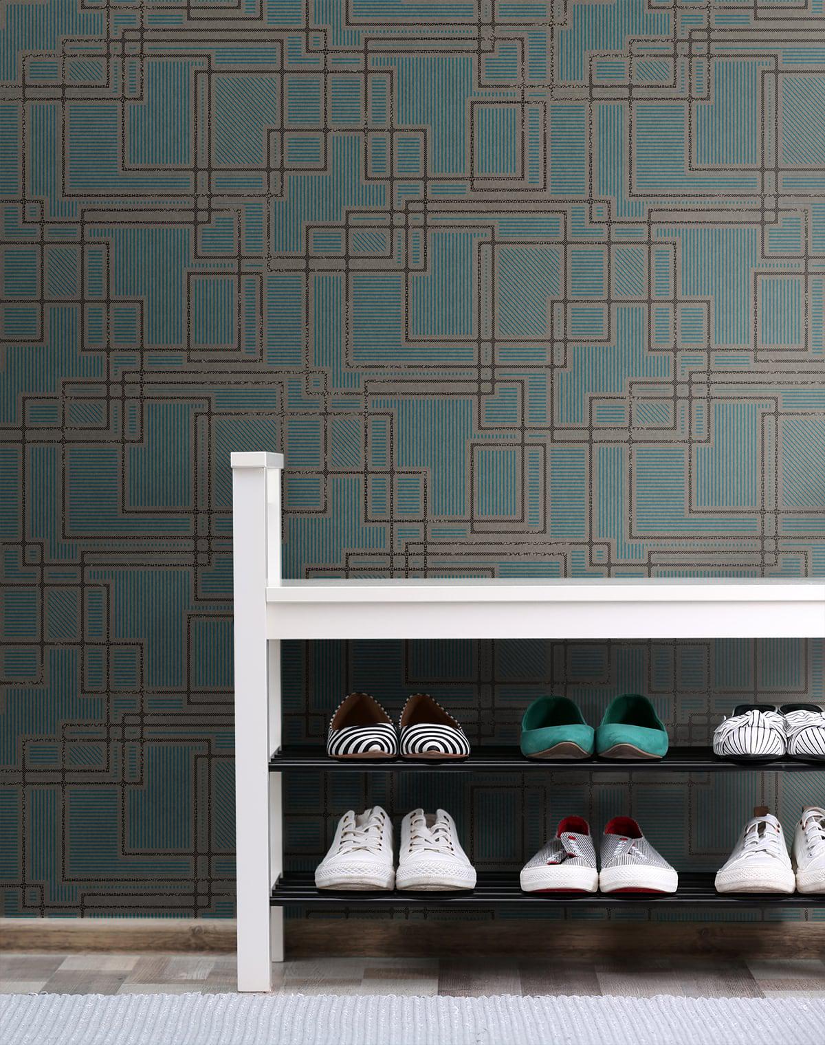 Seabrook Bauhaus Cityscape Perry Teal & Warm Stone Wallpaper