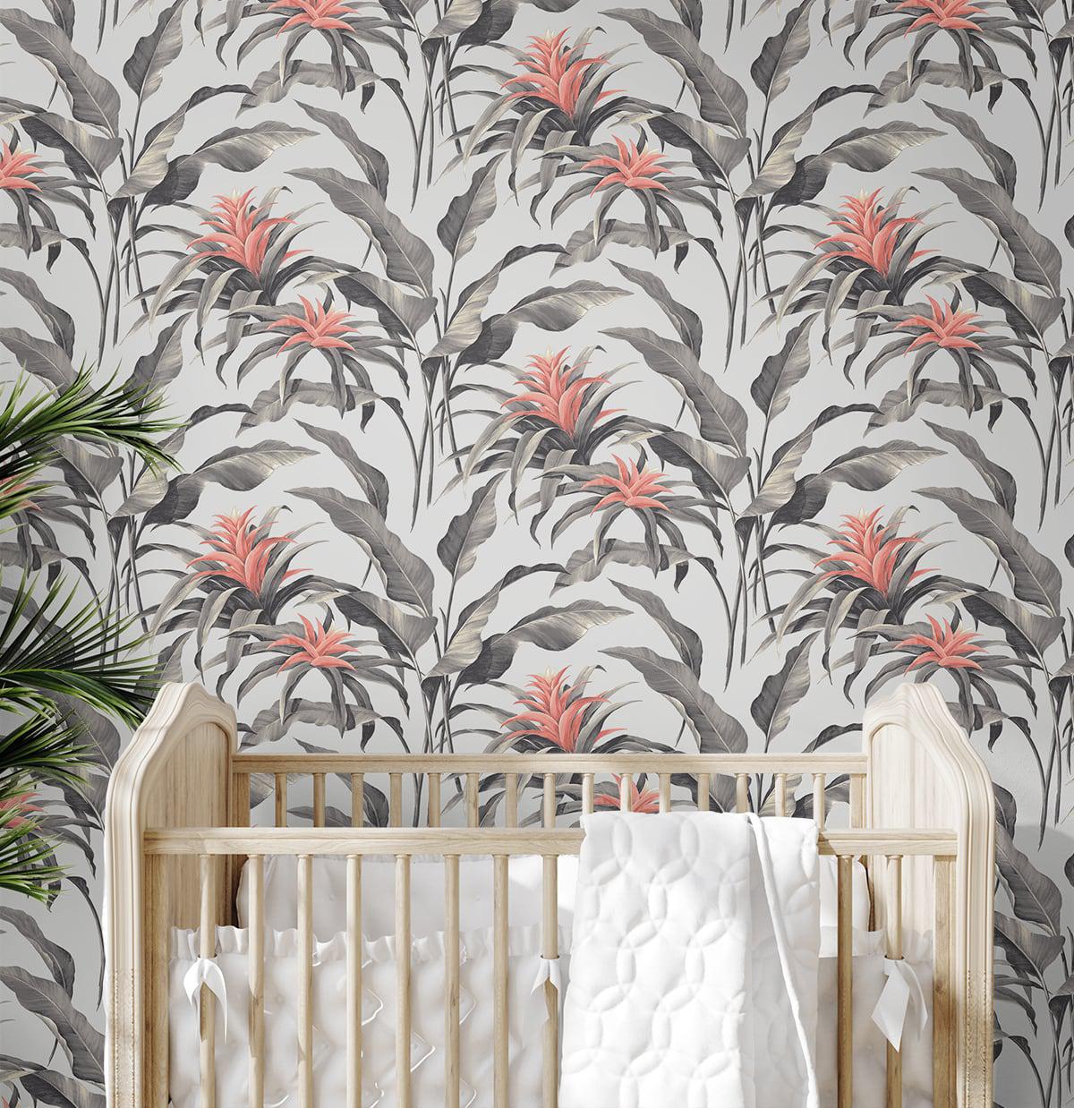 Seabrook Palma Metallic Silver & Coral Wallpaper
