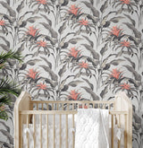 Seabrook Palma Metallic Silver & Coral Wallpaper