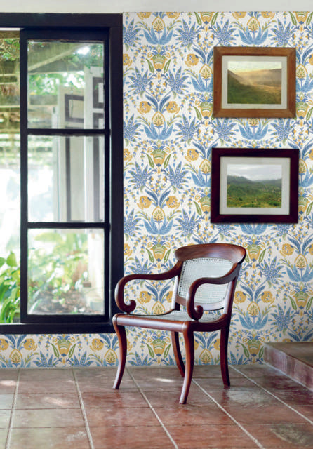 York Seaside Jacobean White/Yellow/Blue Wallpaper