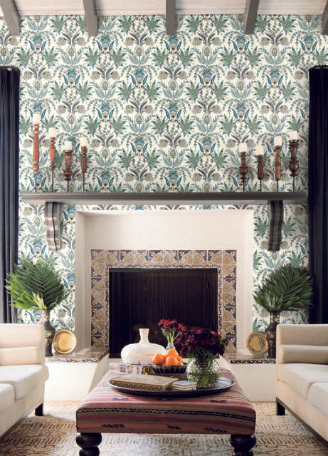 York Seaside Jacobean White/Green/Blue Wallpaper