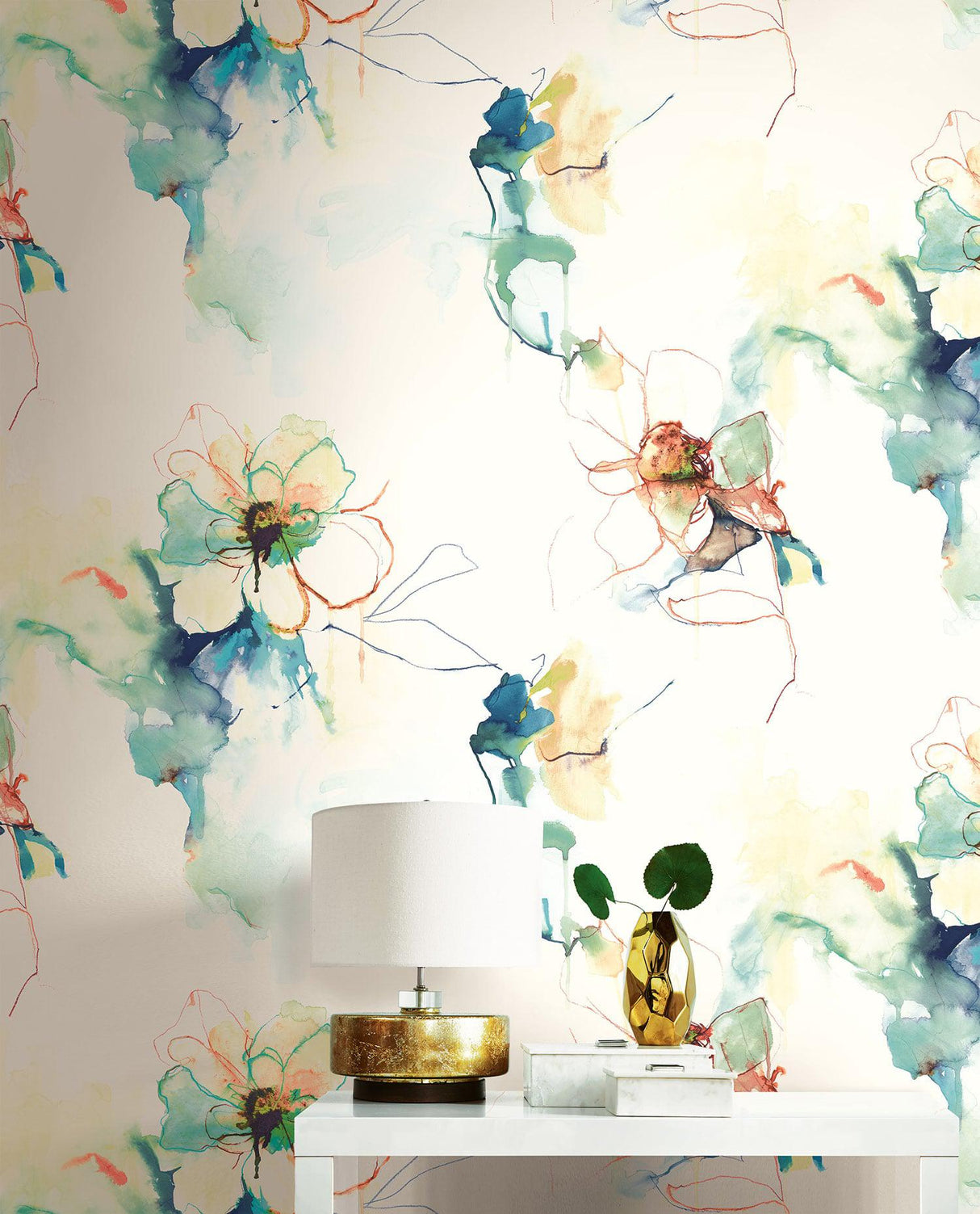 Seabrook Anemone Watercolor Floral Turquoise And Persimmon Wallpaper