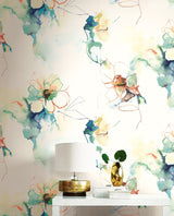 Seabrook Anemone Watercolor Floral Turquoise And Persimmon Wallpaper