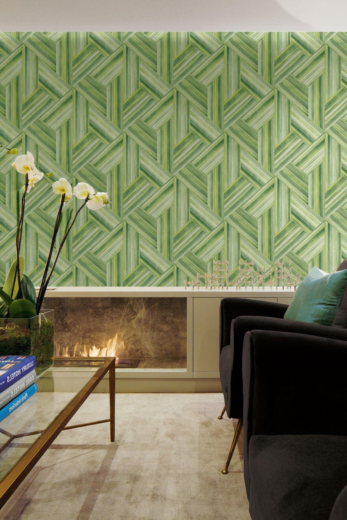 Seabrook Geo Inlay Chartreuse And Basil Wallpaper