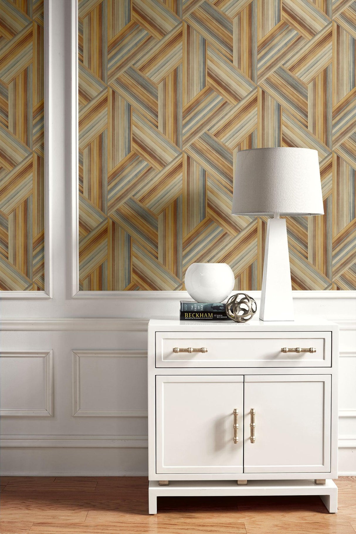 Seabrook Geo Inlay Saddle Brown And Steel Wallpaper