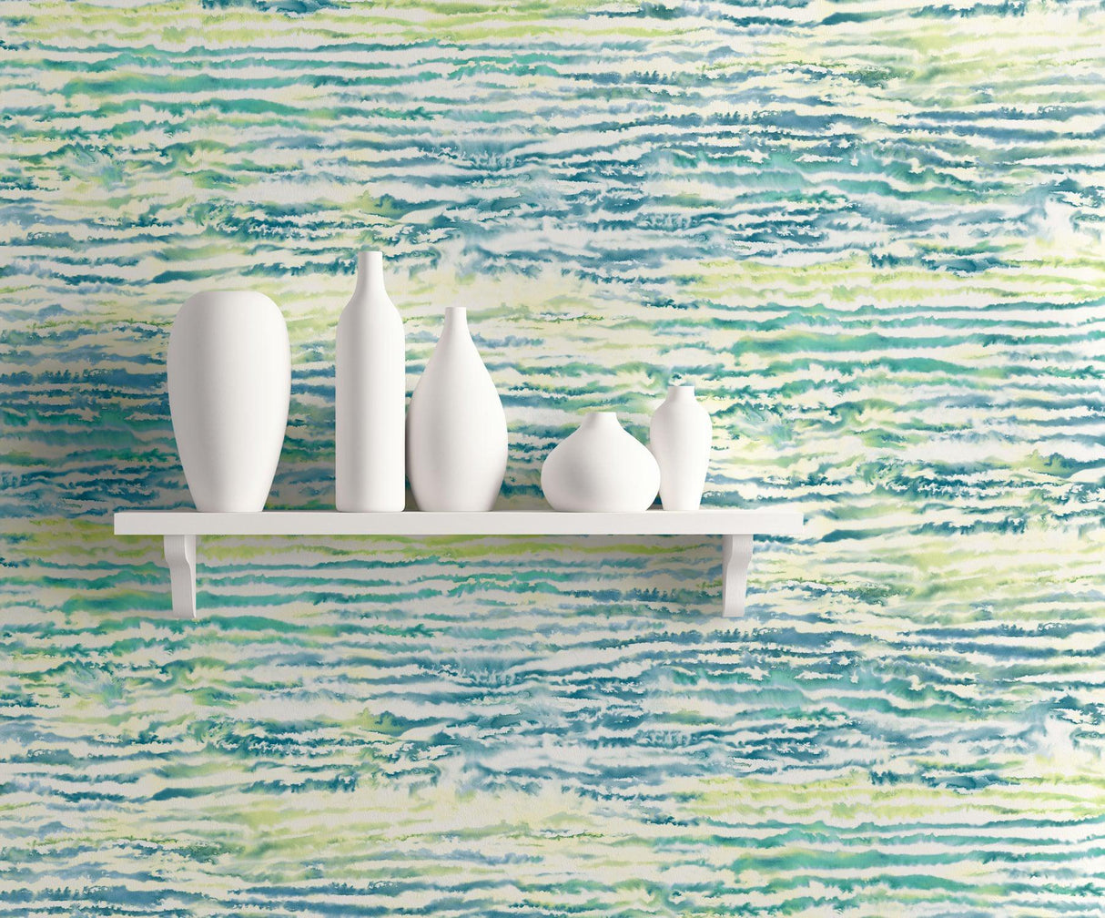 Seabrook Watercolor Waves Deep Sea And Spring Green Wallpaper