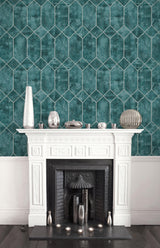 Seabrook Geo Faux Emerald And Metallic Silver Wallpaper