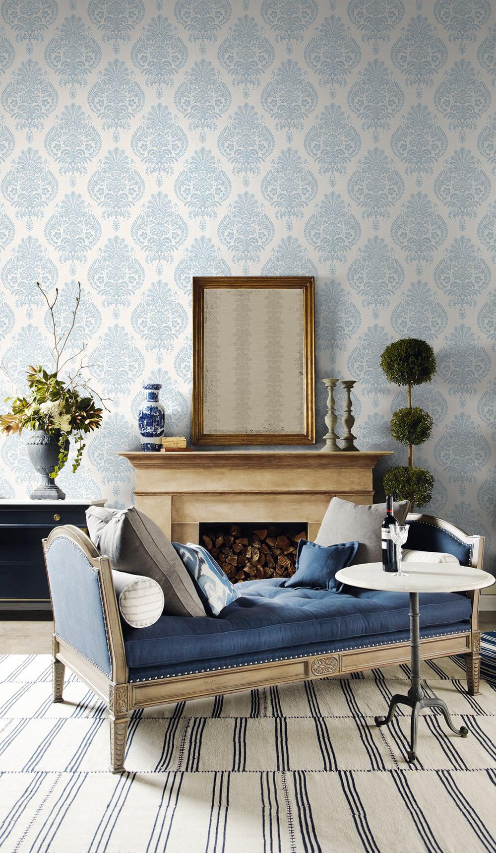 Seabrook Antigua Damask Blue Frost And Bone White Wallpaper