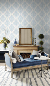 Seabrook Antigua Damask Blue Frost And Bone White Wallpaper