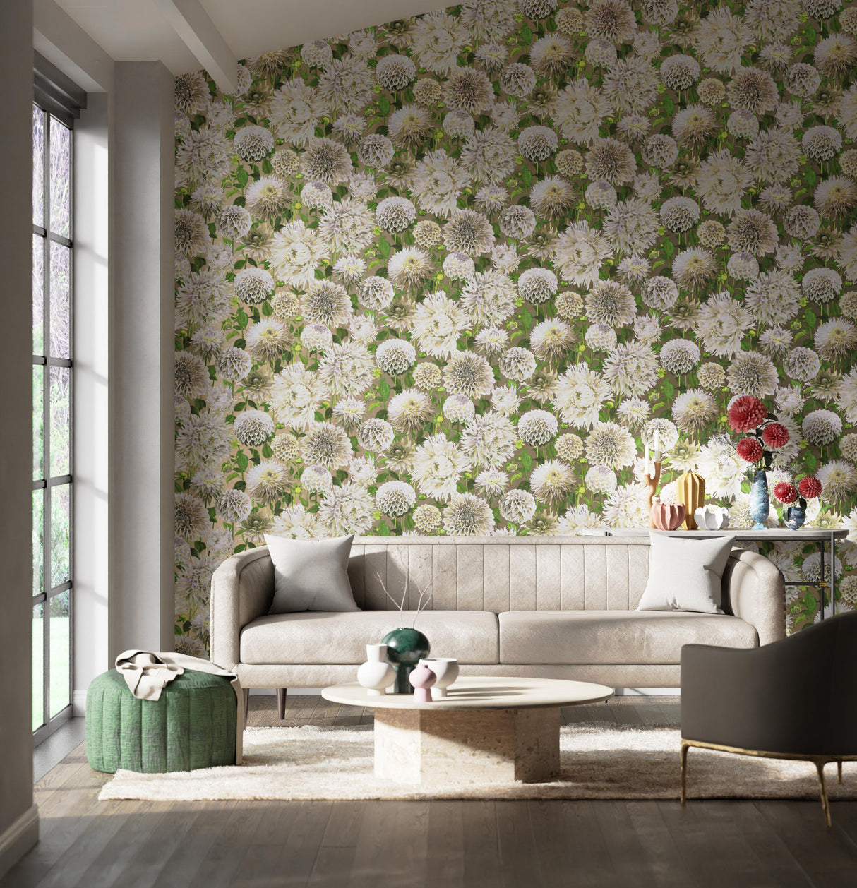 Harlequin Dahlia Sail Cloth/Meadow/Gilver Wallpaper