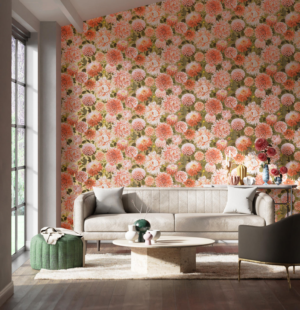 Harlequin Dahlia Coral/Fig Leaf/Gilver Wallpaper