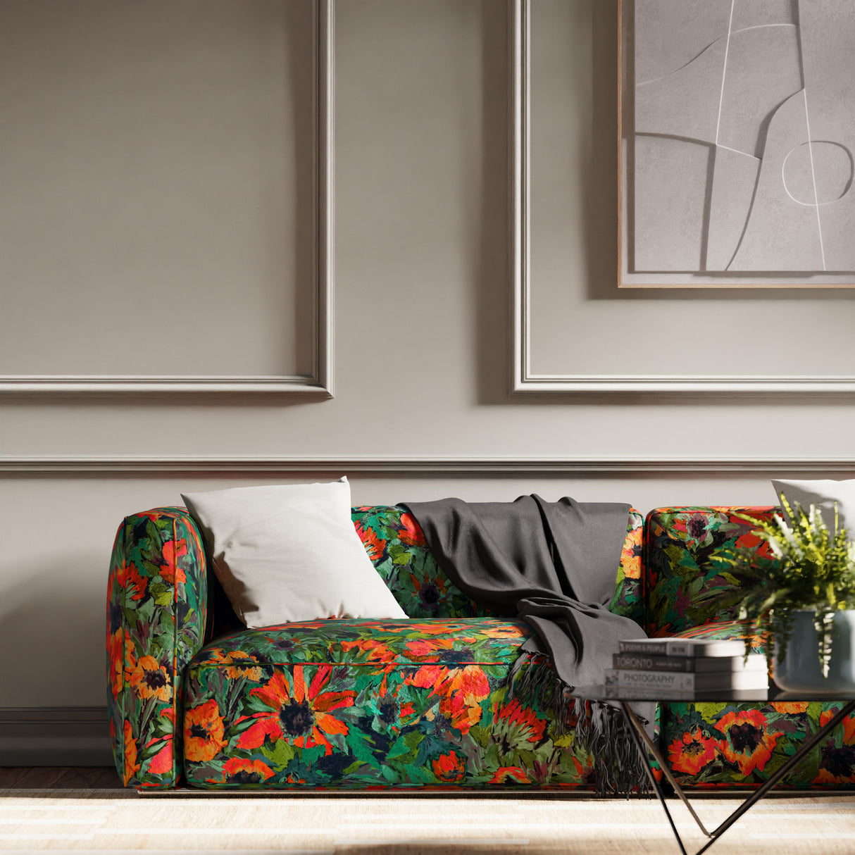 Harlequin Helianthus Vermillion/Harissa/Fig Leaf Fabric