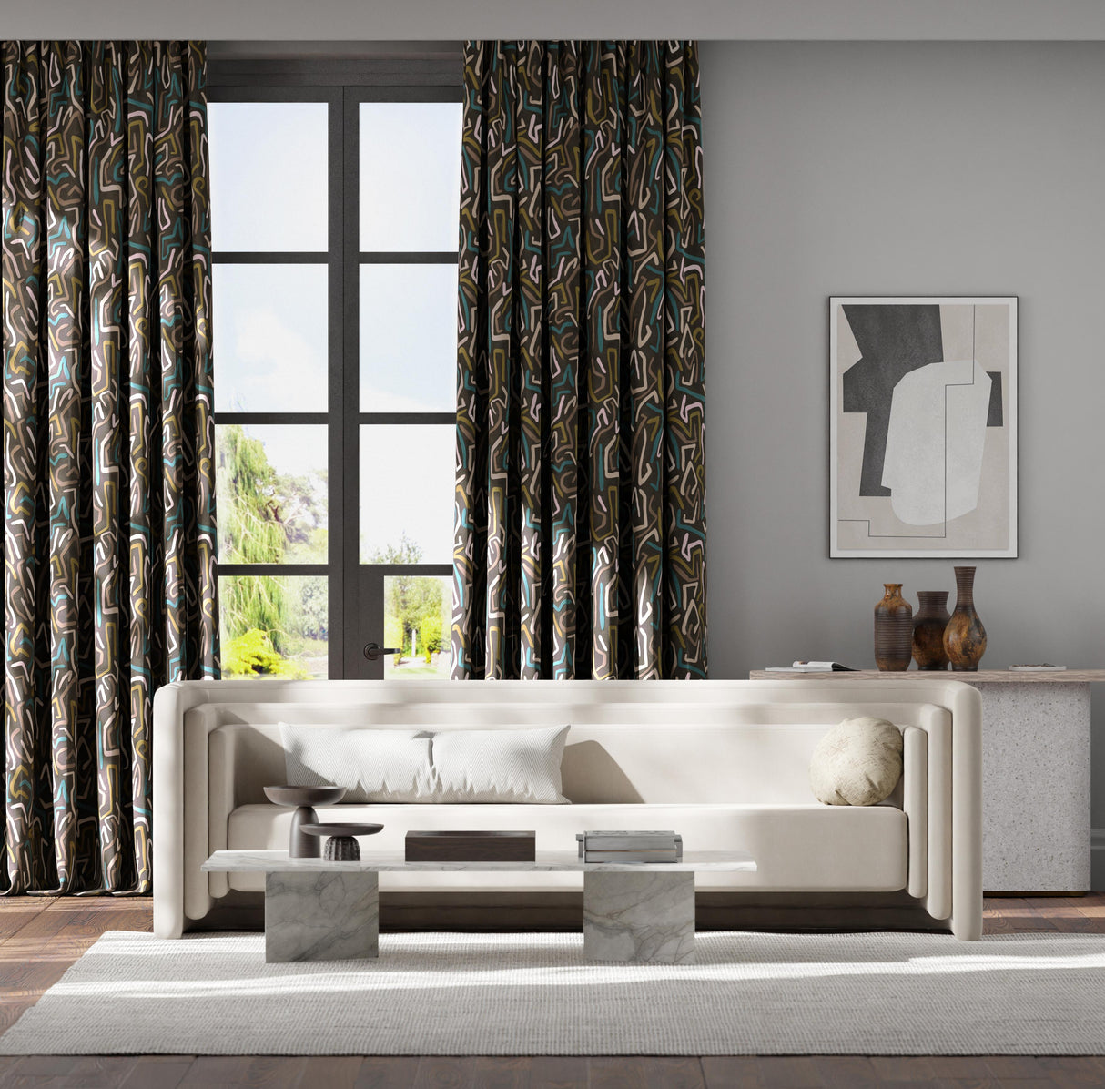 Harlequin Synchronic Black Earth/Bleached Coral/Moss Fabric