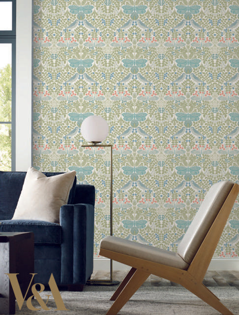Ronald Redding Designs Butterfly Garden Green/Blue Wallpaper