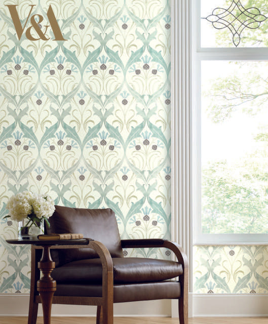 Ronald Redding Designs Pine Cone Ribbon Teal Wallpaper